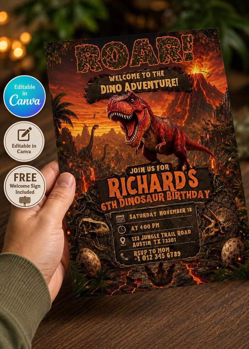 May include: A dinosaur-themed birthday party invitation with a roaring T-Rex illustration. The invitation includes the text "ROAR! Welcome to the Dino Adventure!" and details for Richard's 6th birthday, including date, time, and location.