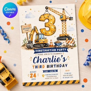 Peut inclure: Une invitation de style aquarelle pour une fête d'anniversaire sur le thème de la construction. Le design présente le chiffre 3 jaune, des véhicules de construction et le texte "Construction Party" et "Charlie's Third Birthday". La date et l'heure sont également incluses.