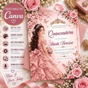 Peut inclure: Une carte d'invitation rectangulaire avec une illustration numérique d'une personne en robe rose fleurie et diadème. Le texte indique : Mr. & Mrs. Benson invite you to celebrate the Quinceañera of their daughter Arieta Benson, Sat, Aug 25 at 3:00 PM.