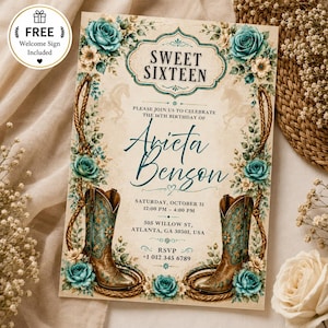Peut inclure: Une invitation de Sweet Sixteen sur le thème rustique avec des roses turquoise, des bottes de cowboy et des accents de corde. L'invitation comprend le texte "Sweet Sixteen", le nom "Avieta Benson" et les détails de l'événement. Un panneau de bienvenue gratuit est inclus.