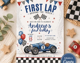 First Lap Birthday Invitation Editable | Race Car 1st Birthday Invite Boy | Racing Theme First Birthday Canva Template Printable