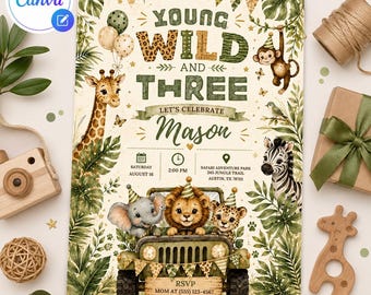 Young Wild and Three Invitation Template | Safari 3rd Birthday Party Invite | Editable Canva Jungle Birthday Invitation