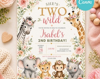 Two Wild Birthday Invitation Girl Editable | Safari 2nd Birthday Invite Floral Animals | Wild Two Party Canva Template Printable