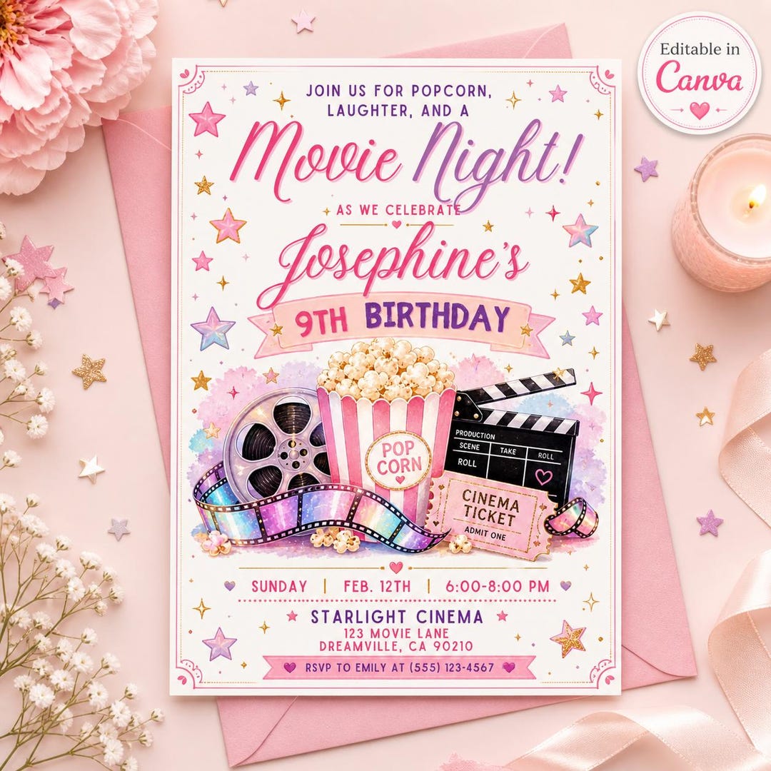 Movie Night Birthday Invitation Girl | Cinema Party Invites Kids ...