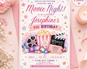 Movie Night Birthday Invitation Girl | Cinema Party Invites Kids| Popcorn Birthday Invitation Canva Template |Sleepover Movie Party Printable