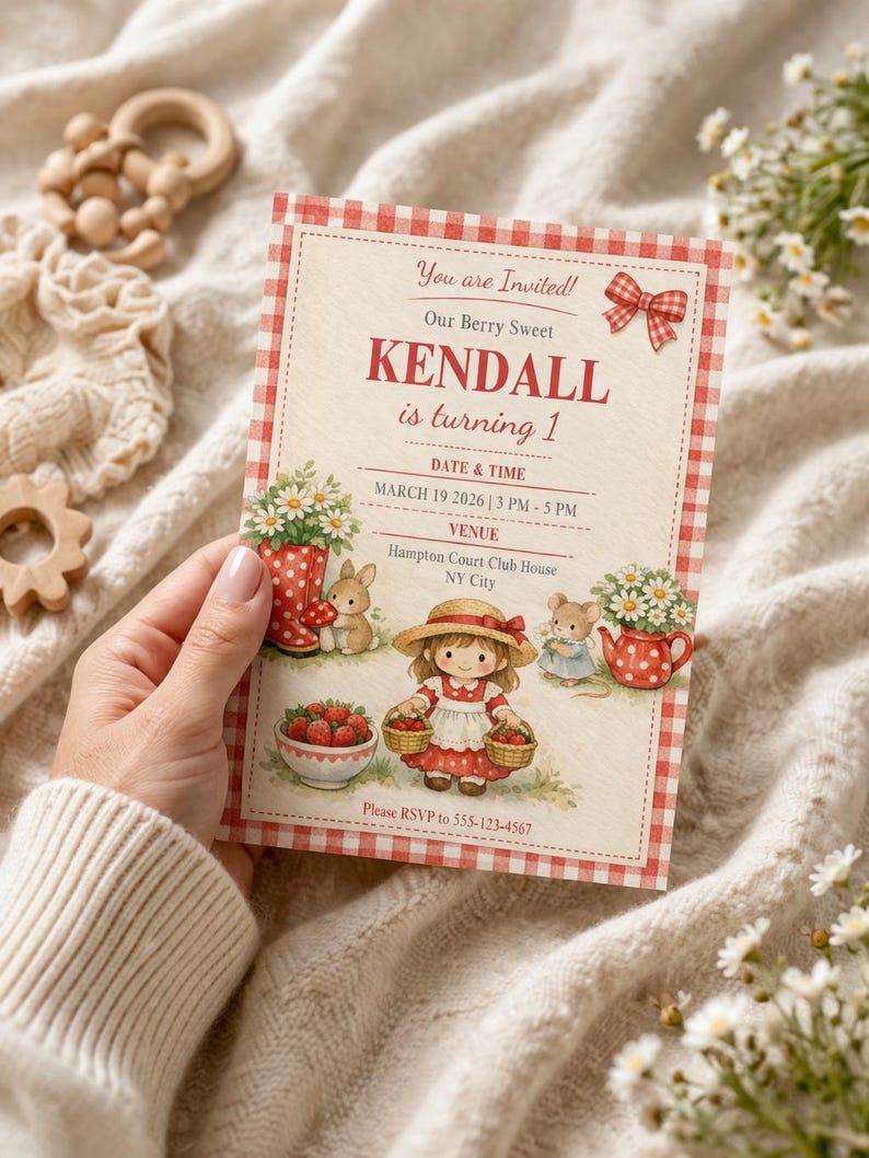May include: A birthday invitation with a red and white gingham border. The invitation features the text "You are Invited!" and "Our Berry Sweet KENDALL is turning 1." The illustration includes a girl with baskets of strawberries.