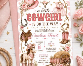 Invitación para baby shower de vaquera para niña | Invitación "Una pequeña vaquera está en camino" | Plantilla Canva para baby shower de estilo western para niña | Invitación rústica rosa para bebé