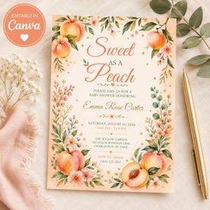 Sweet as a Peach Baby Shower Invitation Template, Peach Baby Shower Invite, Editable Canva Baby Shower Invitation, Peach Theme Baby Shower