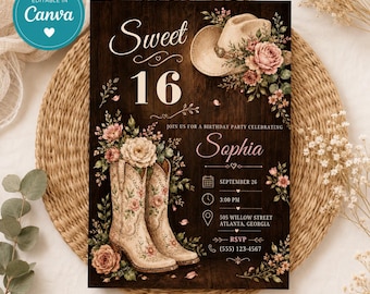 Sjabloon voor een Sweet Sixteen verjaardagskaart, bewerkbare Canva cowgirl Sweet Sixteen uitnodiging, western Sweet Sixteen uitnodiging, rustieke bloemen verjaardag