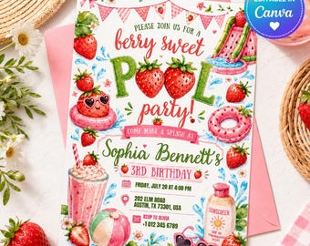 Berry Sweet Pool Party Invitation Template| Strawberry Pool Birthday Invitation| Editable Canva Summer Birthday Invite | Strawberry Splash