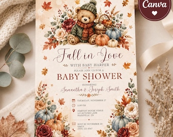 Sjabloon voor een babyshoweruitnodiging met het thema 'Verliefd worden', bewerkbare Canva-uitnodiging voor een herfstbabyshower, uitnodiging voor een babyshower met pompoen en teddybeer in de herfst.