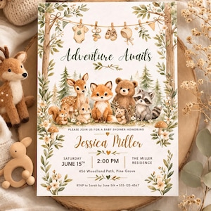 May include: A baby shower invitation with the text "Adventure Awaits" and details for Jessica Miller's shower. The design features woodland animals, greenery, and baby-themed illustrations. The invitation is on a wooden background.