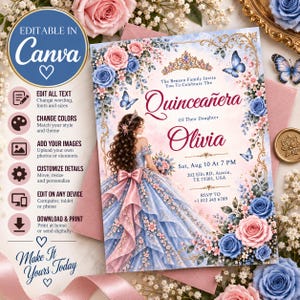 Peut inclure: Une carte d'invitation rectangulaire pour une Quinceañera illustrant une jeune fille en robe bleue et rose, entourée de roses et de papillons. Le texte indique : The Benson Family Invite You to Celebrate The Quinceañera Of Their Daughter Olivia.