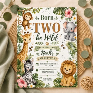 Born Two Be Wild Birthday Invitation | Safari Birthday Invitation | Jungle Animals Birthday Invite | Editable Canva Template | 2nd Birthday