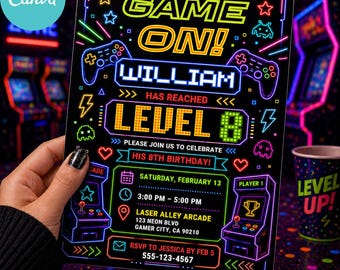 Game On Birthday Invitation Editable | Video Game Party Invite Boy | Arcade Neon Gamer Canva Template Printable