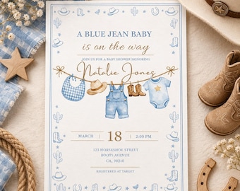 Uitnodiging voor een babyshower in blauwe jeans, uitnodiging voor een babyshower in cowboystijl, babyshower in westernstijl, blauwe babyshower, babyshower voor een jongen, bewerkbaar Canva-bestand