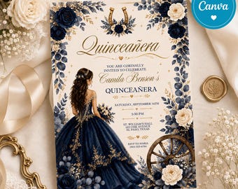 Marineblauwe Quinceañera uitnodiging sjabloon, bewerkbare Canva Quinceañera uitnodigen, westerse bloemen Quinceañera uitnodiging, rustieke elegante Sweet 15