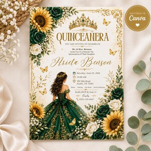 Peut inclure: Une carte d'invitation pour Quinceanera avec une couronne dorée, des tournesols et des roses vert foncé. Elle affiche le texte QUINCEANERA, Arieta Benson, et les détails de l'événement : samedi 25 juin 2026, 10h00, 202 Elm Road, Austin, TX 73301.