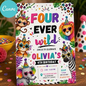 Peut inclure: Une invitation colorée pour une fête du quatrième anniversaire sur le thème de la jungle. La conception présente des animaux de dessins animés portant des lunettes de soleil et des chapeaux de fête, avec les mots "FOUR EVER WILD" en gras. L'invitation comprend les détails de l'événement.