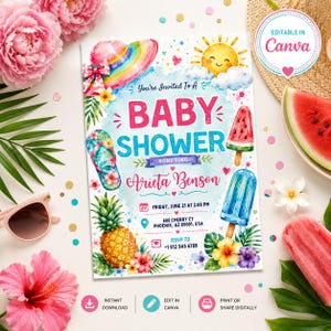 Puede incluir: Una tarjeta de invitación para baby shower con un diseño de acuarela que muestra un sol, un sombrero de sol, una piña, un helado de sandía y un helado azul. El texto dice: You're Invited To A BABY SHOWER Honoring Arieta Benson, Friday, June 21.