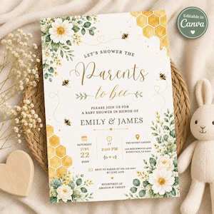 Peut inclure: Une invitation à une baby shower sur le thème des abeilles. L'invitation présente des motifs floraux et en nid d'abeilles, avec le texte "Let's Shower the Parents to bee". L'invitation comprend la date, l'heure et le lieu de la baby shower.