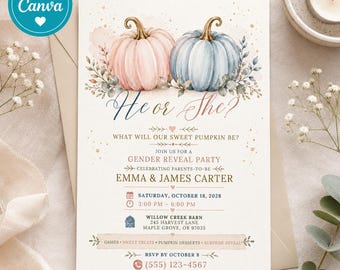 Uitnodiging voor een gender reveal party met pompoenmotief, gender reveal party in de herfst, bewerkbare Canva uitnodiging, onthulling of het een jongen of een meisje wordt, uitnodiging voor een babyshower in de herfst