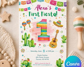 Editable Fiesta 1st Birthday Invitation | First Fiesta Birthday Invite Girl | Mexican Party Canva Template