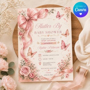 Flutter By Baby Shower Invitation, Butterfly Baby Shower Invitation, Pink Baby Shower Invite, Editable Canva Template, Printable Baby Shower