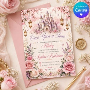 Peut inclure: Une carte d'invitation rectangulaire avec une illustration aquarelle d'un château, des lanternes suspendues et des roses roses. Le texte indique Once Upon a Time, In a kingdom not so far away, Paisley, was soon to be on her way, join us for a baby shower honoring Sophia Robinson, Saturday, August 30, 16h00, 202 Elm Rd, Austin, TX 78701, USA, RSVP, et (012) 345-6789.