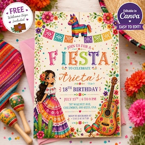 May include: A colorful invitation for a fiesta, featuring a cartoon illustration of a girl in a traditional dress, a guitar, and a piñata. The invitation includes the text "Join us for a Fiesta to Celebrate Arieta's 18th Birthday."