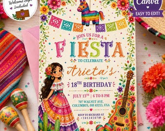 Sjabloon voor Mexicaanse Fiesta-verjaardagsuitnodiging | Fiesta Quinceañera uitnodigen | Kleurrijke Mexicaanse partij Canva-sjabloon |