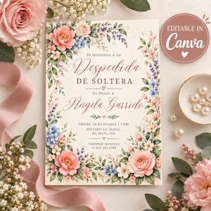 Peut inclure: Une carte d'invitation rectangulaire ornée d'une bordure florale de roses roses, d'hortensias bleus et de brins de lavande. Le texte indique : Te Invitamos A La Despedida DE SOLTERA, En Honor A Angela Garrido, Sábado, 14 De Octubre, 3 PM, 404 Cedar Ln, Seattle, WA 98101, USA, Confirmar Asistencia +1 012 345 6789.