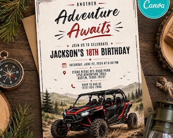 Uitnodiging voor een 18e verjaardag met offroad-avontuur, verjaardagsfeest met quad, bewerkbare Canva-sjabloon, rustieke verjaardag in de buitenlucht