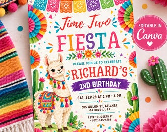 Fiesta-uitnodiging voor een tweede verjaardag, uitnodiging voor een lama-verjaardagsfeestje, Fiesta-jarig meisje, Mexicaans Fiesta-feest, Two Much Fun, Canva-sjabloon