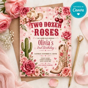 May include: A rectangular birthday invitation card featuring a pink gingham background, a cowboy hat, a cactus, a cowboy boot, and red roses. The text reads: TWO DOZEN ROSES, Let's Saddle Up & Celebrate, Olivia's 2nd Birthday, and event details.