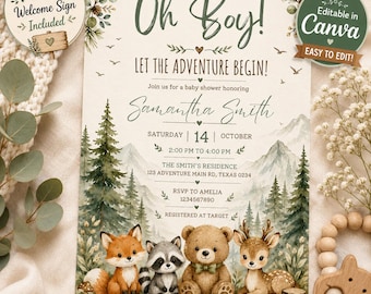 Plantilla de invitación para baby shower con temática de bosque | Invitación "¡Oh, niño, la aventura te espera!" | Plantilla de Canva para baby shower con animales del bosque | Bosque editable