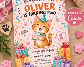 Uitnodiging voor de 2e verjaardag van een kitten, uitnodiging voor een kattenverjaardagsfeestje, poesje wordt twee, schattige dierenverjaardag, 2e verjaardag van een meisje, bewerkbare Canva-uitnodiging