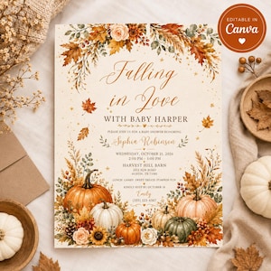 May include: A baby shower invitation card featuring autumn-themed watercolor illustrations of pumpkins, sunflowers, and fall leaves. The text reads Falling in Love with Baby Harper, honoring Sophia Robinson, with event details for October 21, 2026.