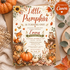 Little Pumpkin First Birthday Invitation Template, Editable Pumpkin Birthday Canva Invitation, Fall First Birthday Invite, Autumn Pumpkin