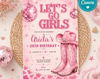 'Let's Go's Girls verjaardagskaart, bewerkbare Canva cowgirl verjaardagskaart, roze disco cowgirl feestuitnodiging, western verjaardag