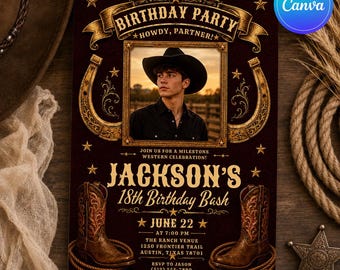 Uitnodiging voor een 18e verjaardag, cowboy verjaardagskaart, western fotosjabloon voor een 18e verjaardag, bewerkbare Canva uitnodiging, rodeo verjaardagsfeest