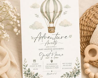 Uitnodiging voor een babyshower met het thema 'Avontuur wacht' | Babyshower uitnodiging met het thema 'Heteluchtballon' | Neutrale babyshower Canva-sjabloon in saliegroen