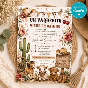 May include: A baby shower invitation card featuring a western theme with a cowboy hat, cactus, wagon wheel, and illustrations of a foal, calf, and highland cow. The text reads Un Vaquerito Viene En Camino, A Little Cowboy Is On The Way, and Arieta Benson.