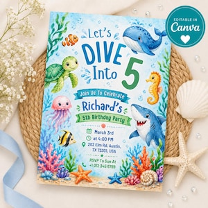 Peut inclure: Une carte d'invitation d'anniversaire rectangulaire sur le thème sous-marin bleu avec une baleine, une tortue, une méduse, un requin, un hippocampe et des poissons tropicaux. Le texte indique Let's DIVE Into 5, Join Us To Celebrate Richard's 5th Birthday Party, March 3rd, 4:00 PM, 202 Elm Rd, Austin, TX 73301, USA, et RSVP To Sue At +1 012 345 6789.