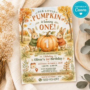 Peut inclure: Une carte d'invitation d'anniversaire avec des illustrations aquarelles de deux lapins et une grosse citrouille avec le chiffre 1. Le texte indique Our Little Pumpkin is turning ONE, Oliver's 1st Birthday, le samedi 11 octobre 2028, de 13h à 16h, Sunny Meadow Farm, 245 Harvest Lane, Maple Grove, OR 97035, et RSVP avant le 1er octobre au (555) 123-4567.