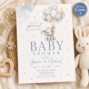 Peut inclure: Faire-part de naissance avec une illustration d'éléphant tenant des ballons. L'invitation est bleu clair et blanche avec le texte "A Little Peanut Is On His Way" et "Baby Shower". L'invitation est pour Jessica & Michael.