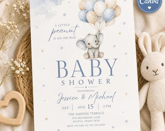 Invitación para baby shower de niño con temática de cacahuete | Invitación para baby shower con elefante | Plantilla minimalista azul para baby shower en Canva | Invitación imprimible editable