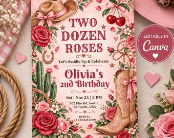 Roze Cowgirl 2e Verjaardagskaart, Western Verjaardagskaart, Rodeo Feest, Cowgirl Laarzen & Rozen, Roze Western Feest, Canva Sjabloon