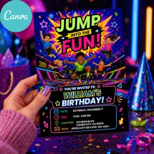 Puede incluir: Una vibrante invitación de cumpleaños con el texto "JUMP INTO THE FUN!" e ilustraciones de niños saltando en camas elásticas. La invitación incluye detalles para el cumpleaños de William: fecha, hora, lugar e información de RSVP.
