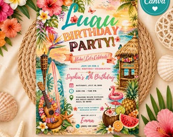 Sjabloon voor een luau-verjaardagskaart, bewerkbare uitnodiging voor een Hawaïaans verjaardagsfeest, tropische strandverjaardagskaart, printbare luau-feestkaart voor Canva